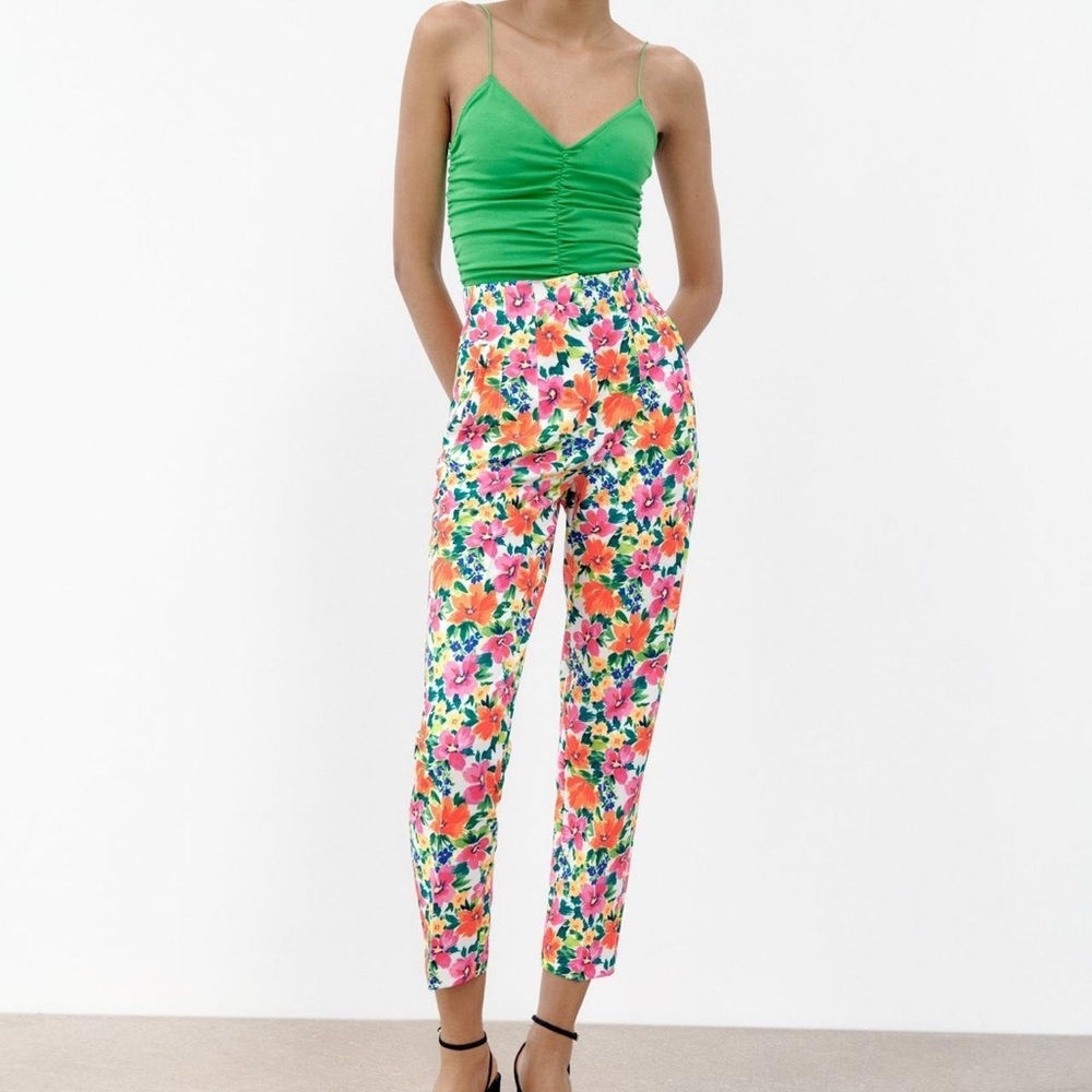 Zara Multicolor Spring Blooms Floral Cropped Pants skinny ankle